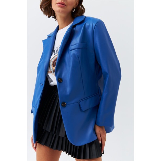 Faux Leather Blazer Saxe Blue Women's Jacket