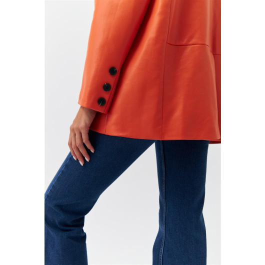 جاكيت بليزر نسائي جلد صناعي لون برتقالي