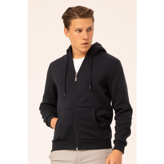 Süvari 3 Thread Hooded Zipper Navy Blue Sweatshirt