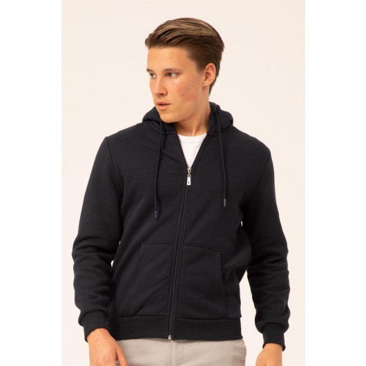 Süvari 3 Thread Hooded Zipper Navy Blue Sweatshirt