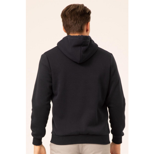 Süvari 3 Thread Hooded Zipper Navy Blue Sweatshirt