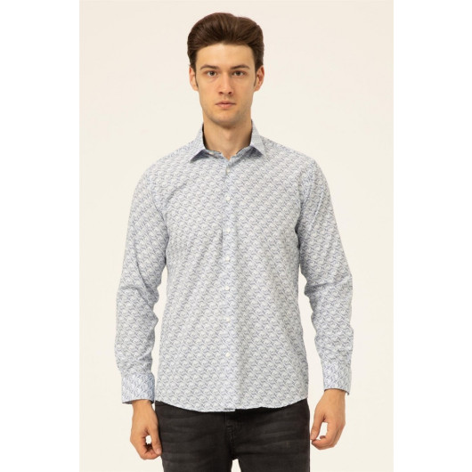 Süvari Wide Cut Printed Long Sleeve Blue Men's Shirt