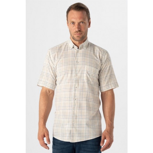 Süvari Loose Cut Patterned Pockets Full Cotton Beige Short Sleeve Men's Shirt