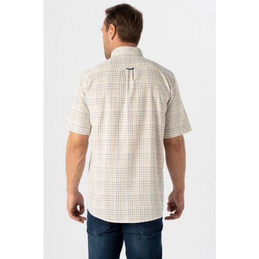 Süvari Loose Cut Patterned Pockets Full Cotton Beige Short Sleeve Men's Shirt