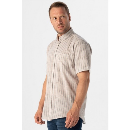 Süvari Wide Cut Patterned Brown Short Sleeve Men's Shirt