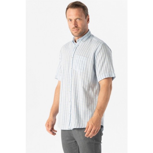Süvari Wide Cut Patterned Blue Short Sleeve Men's Shirt