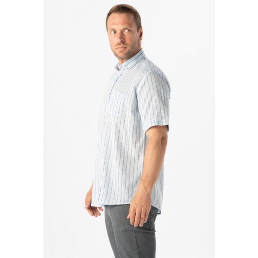 Süvari Wide Cut Patterned Blue Short Sleeve Men's Shirt