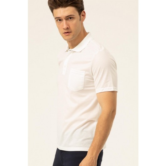 Süvari Wide Cut Jacquard Polo Collar White Tshirt