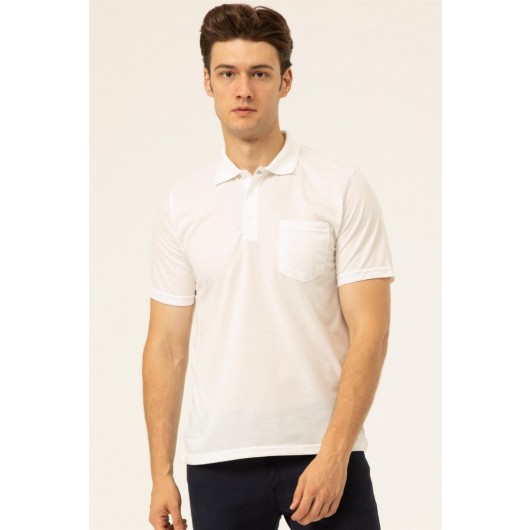 Süvari Wide Cut Jacquard Polo Collar White Tshirt