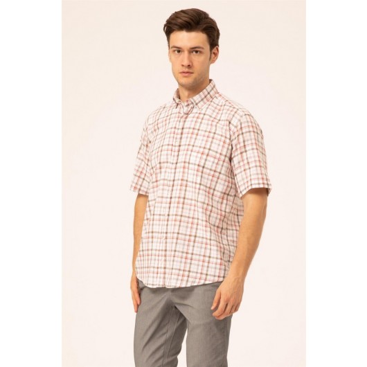 Süvari Loose Cut Red Patterned Pocket Full Cotton Men's Short Sleeve Shirt