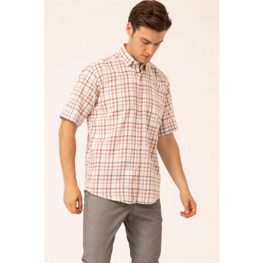 Süvari Loose Cut Red Patterned Pocket Full Cotton Men's Short Sleeve Shirt