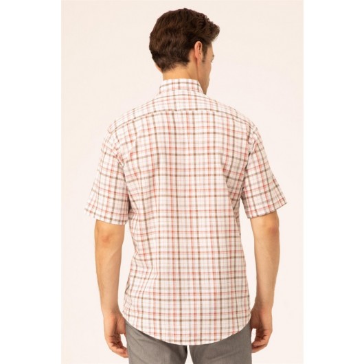 Süvari Loose Cut Red Patterned Pocket Full Cotton Men's Short Sleeve Shirt