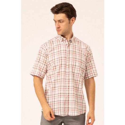 Süvari Loose Cut Red Patterned Pocket Full Cotton Men's Short Sleeve Shirt