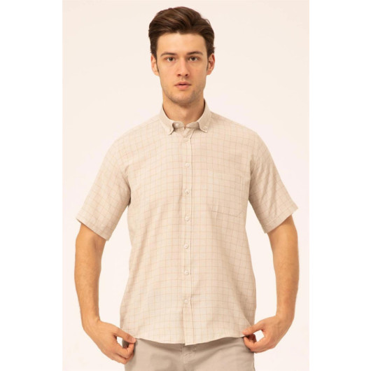 Loose Fit Short Sleeve Beige Striped Check Shirt