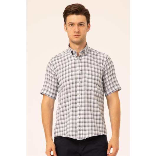 Loose Fit Short Sleeve Navy Blue Striped Check Shirt