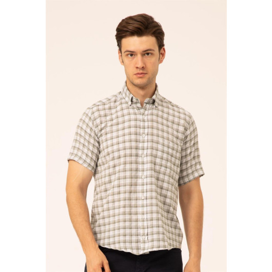 Loose Fit Short Sleeve Green Striped Check Shirt