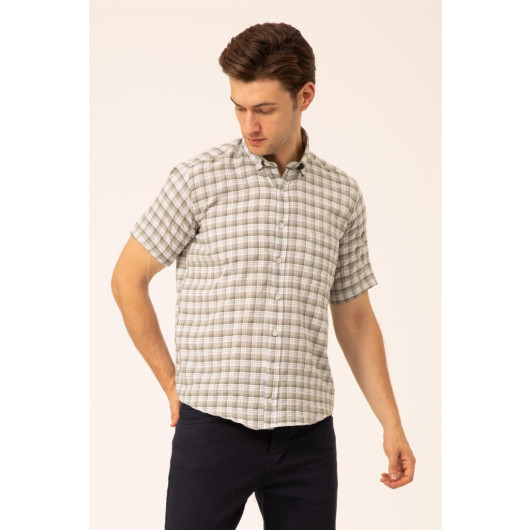 Loose Fit Short Sleeve Green Striped Check Shirt