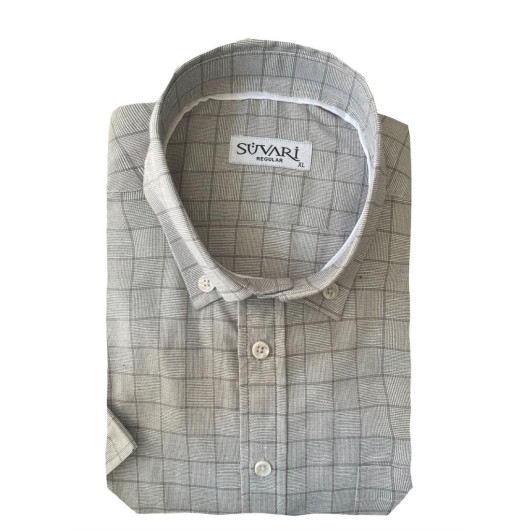 Wide Cut Short Sleeve Checked Gray Men's Shirt