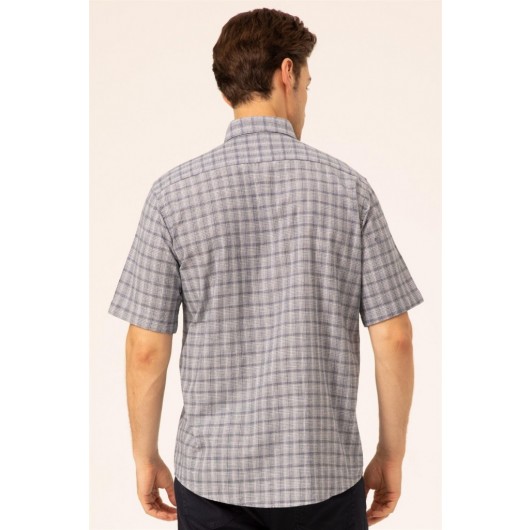 Süvari Wide Cut Navy Blue Patterned Men's Short Sleeve Shirt With Pockets
