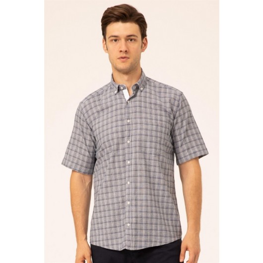 Süvari Wide Cut Navy Blue Patterned Men's Short Sleeve Shirt With Pockets