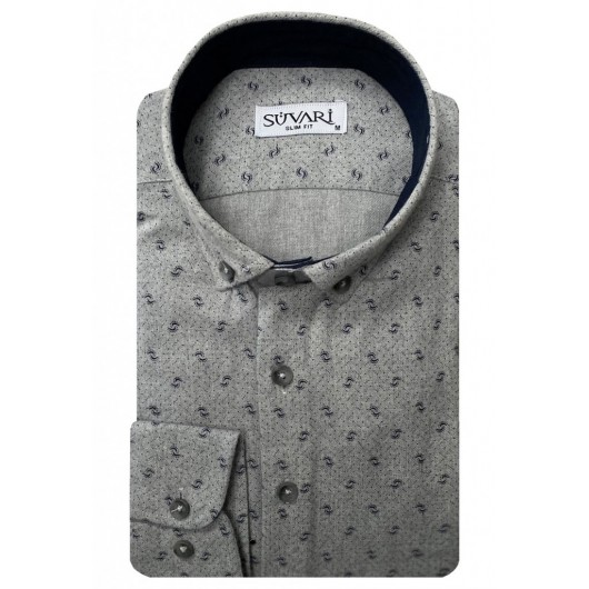 Süvari Slim Fit Printed Flannel Long Gray Men's Shirt