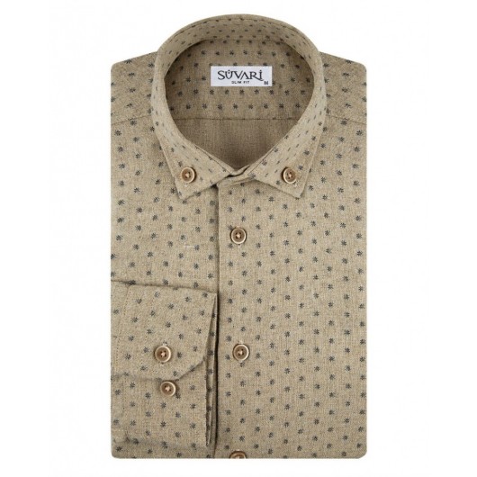 Süvari Slim Fit Printed Flannel Long Sleeve Beige Men's Shirt