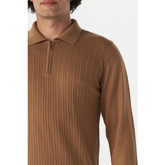 Horseman Patterned Brown Zipper Detailed Men's Knitwear Sweater