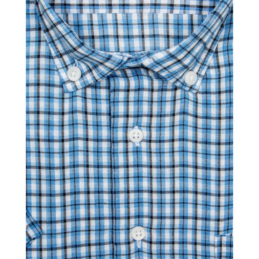 Patterned Short Sleeve Blue Single Pocket Men's Shirt