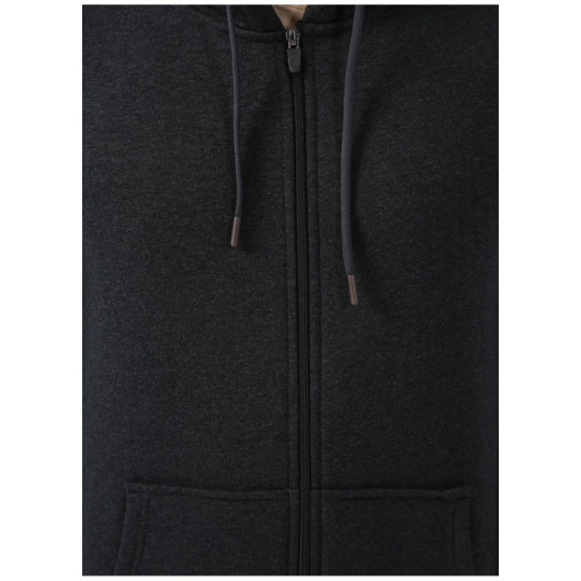 Süvari Hooded Zipper Collar Regular Fit Plain Anthracite Sweatshirt