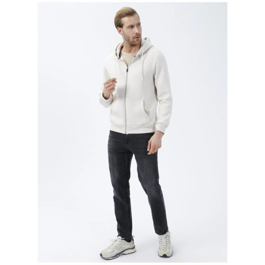 Süvari Hooded Zipper Collar Regular Fit Plain Ecru Sweatshirt