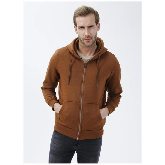 Süvari Hooded Zipper Collar Regular Fit Plain Brown Sweatshirt