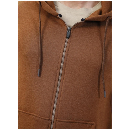 Süvari Hooded Zipper Collar Regular Fit Plain Brown Sweatshirt