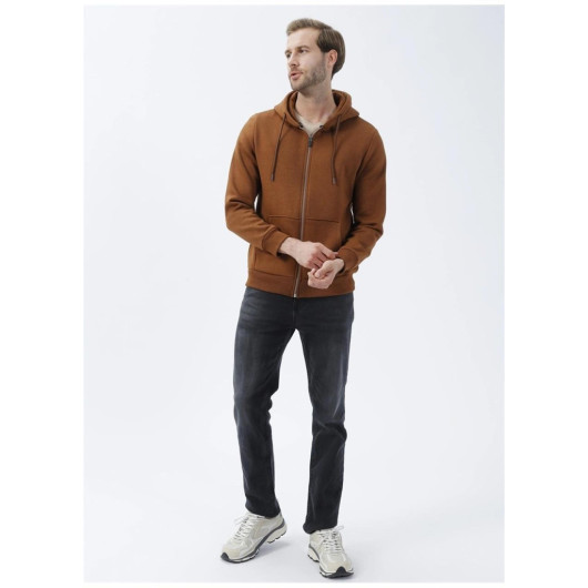 Süvari Hooded Zipper Collar Regular Fit Plain Brown Sweatshirt