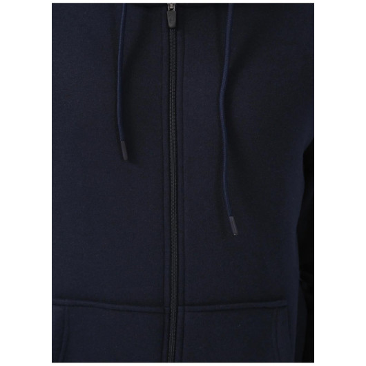 Süvari Hooded Zipper Collar Regular Fit Plain Navy Blue Sweatshirt