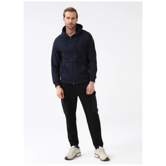 Süvari Hooded Zipper Collar Regular Fit Plain Navy Blue Sweatshirt