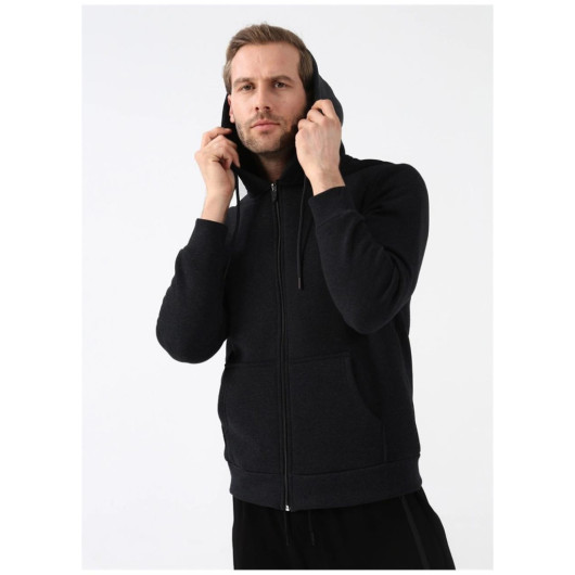 Süvari Hooded Zipper Collar Regular Fit Plain Black Sweatshirt