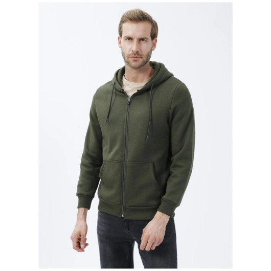 Süvari Hooded Zipper Collar Regular Fit Plain Green Sweatshirt