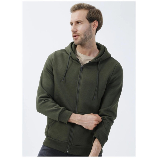 Süvari Hooded Zipper Collar Regular Fit Plain Green Sweatshirt