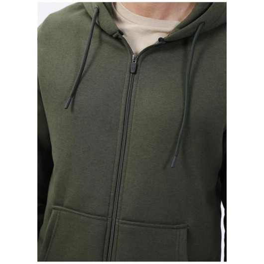 Süvari Hooded Zipper Collar Regular Fit Plain Green Sweatshirt