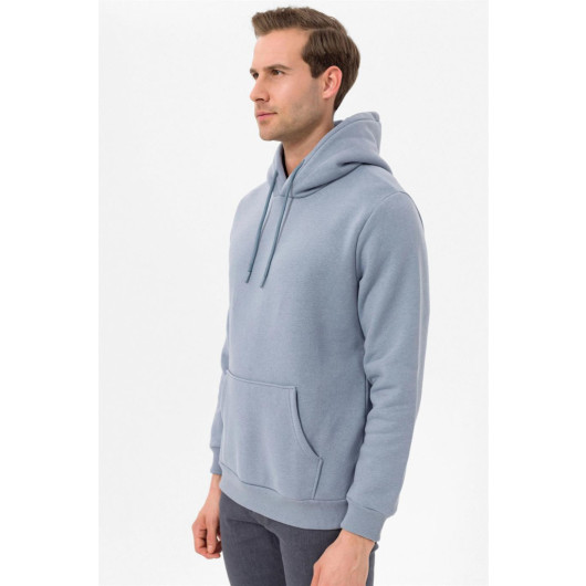 Hooded Collar Regular Fit Plain Light Blue Sweatshirt