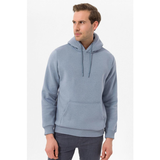 Hooded Collar Regular Fit Plain Light Blue Sweatshirt