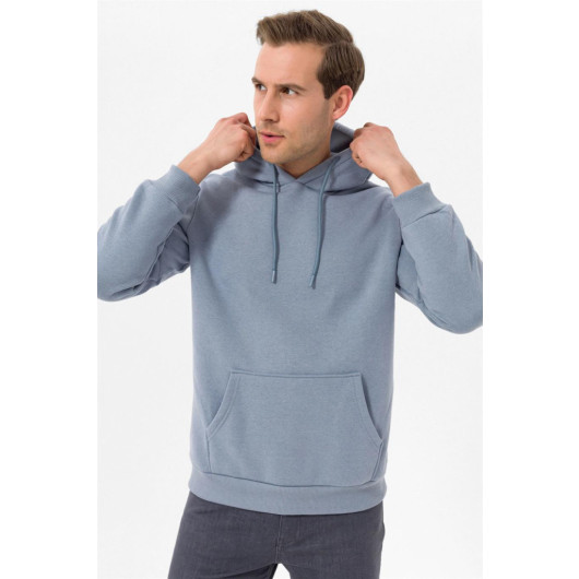 Hooded Collar Regular Fit Plain Light Blue Sweatshirt