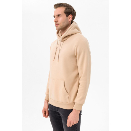 Hooded Collar Regular Fit Plain Beige Sweatshirt