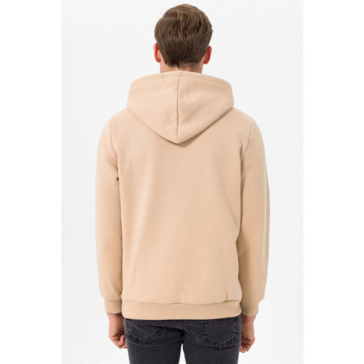 Hooded Collar Regular Fit Plain Beige Sweatshirt