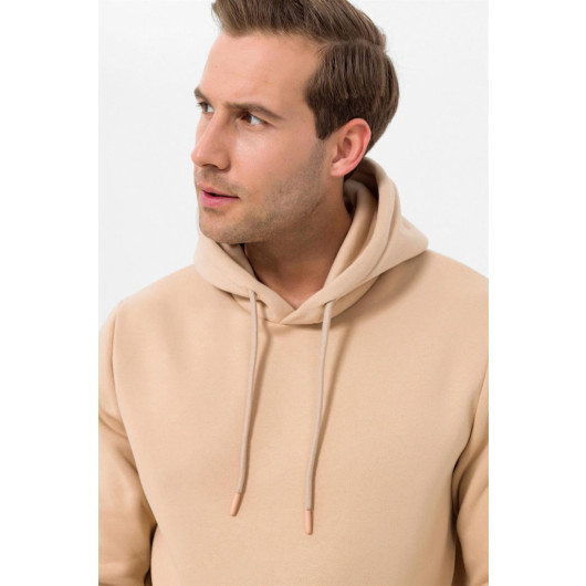 Hooded Collar Regular Fit Plain Beige Sweatshirt