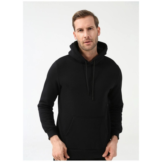 Hooded Collar Regular Fit Plain Black Sweatshirt