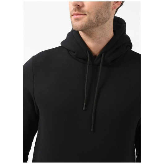 Hooded Collar Regular Fit Plain Black Sweatshirt