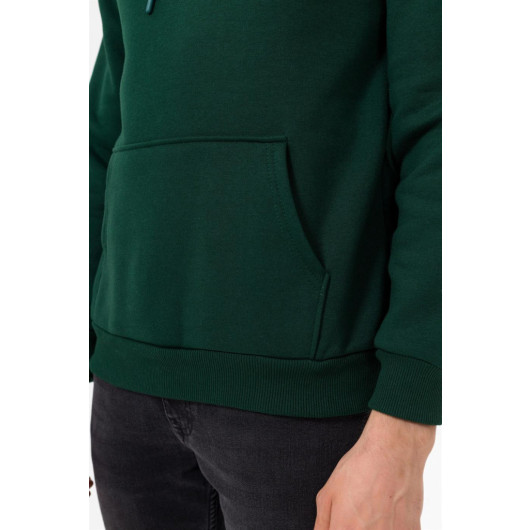 Hooded Collar Regular Fit Plain Green Sweatshirt
