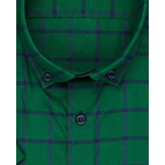 قميص رجالي سليم فيت بأكمام قصيرة برسم مربعات لون أخضر Süvari