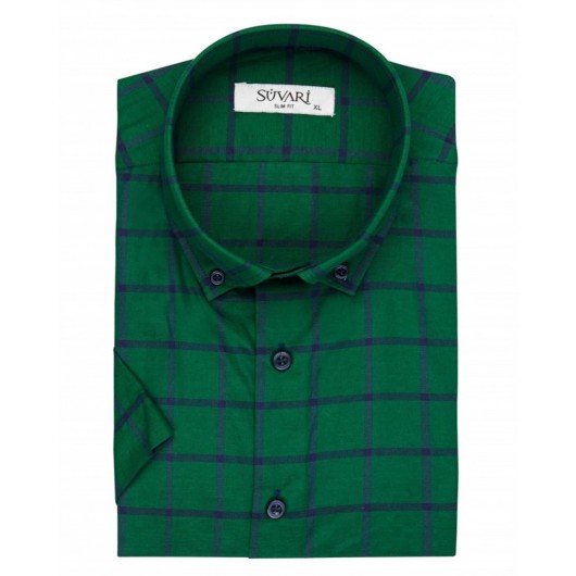 قميص رجالي سليم فيت بأكمام قصيرة برسم مربعات لون أخضر Süvari
